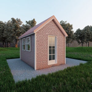 May include: A small brick building with a brown roof and a single door and window. The building is surrounded by green grass.