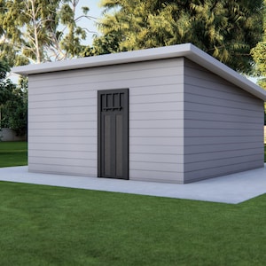 16 x 16' Studio Tiny Home Shed-bouwplannen met plattegrond, elektriciteit, verhogingen, dak- en funderingsplan en constructiedetails