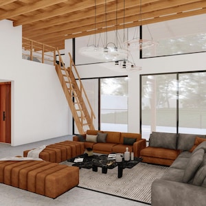 Puede incluir: Un sal&oacute;n moderno con grandes ventanales, una escalera de madera y un sof&aacute; de esquina con cojines marrones. La sala est&aacute; decorada con una alfombra y una mesa de centro.