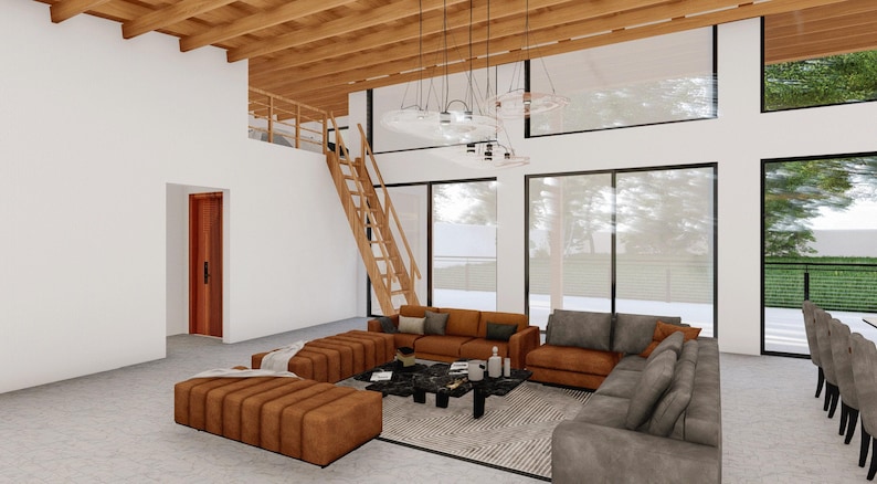 Puede incluir: Un sal&oacute;n moderno con grandes ventanales, una escalera de madera y un sof&aacute; de esquina con cojines marrones. La sala est&aacute; decorada con una alfombra y una mesa de centro.