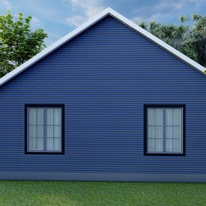 Peut inclure: Une maison bleue avec un toit blanc et deux fen&ecirc;tres. La maison a un design simple et est entour&eacute;e d'herbe verte et d'arbres. Les fen&ecirc;tres ont un motif en grille.