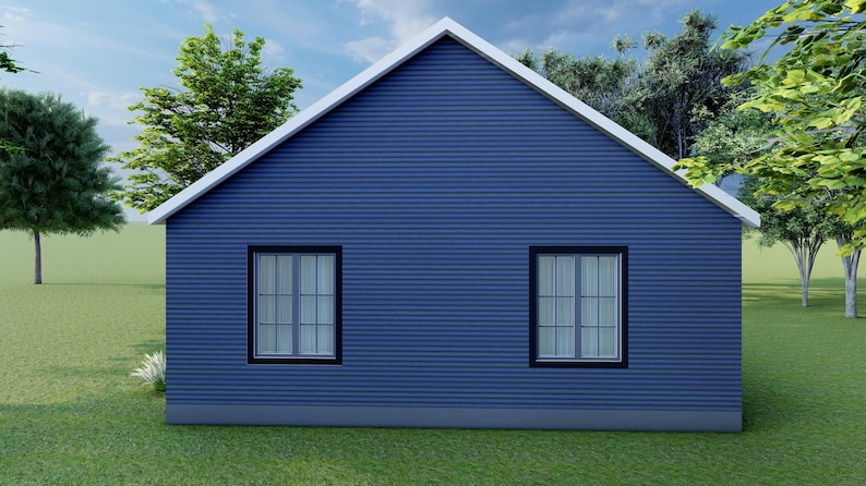 Peut inclure: Une maison bleue avec un toit blanc et deux fen&ecirc;tres. La maison a un design simple et est entour&eacute;e d'herbe verte et d'arbres. Les fen&ecirc;tres ont un motif en grille.
