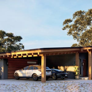 Puede incluir: Una casa moderna de una sola planta con un carport de madera y un exterior gris. Dos coches est&aacute;n aparcados bajo el carport, uno blanco y otro negro.
