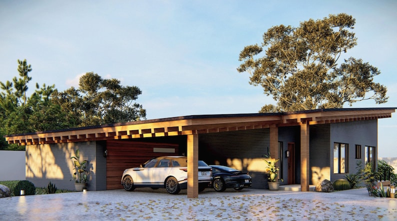 Puede incluir: Una casa moderna de una sola planta con un carport de madera y un exterior gris. Dos coches est&aacute;n aparcados bajo el carport, uno blanco y otro negro.