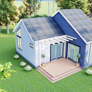Peut inclure: Une maison moderne avec un ext&eacute;rieur bleu et gris, un toit gris et une terrasse en bois. La maison a de grandes fen&ecirc;tres et est entour&eacute;e d'herbe verte et d'arbres. De petites plantes en pot sont sur la terrasse.