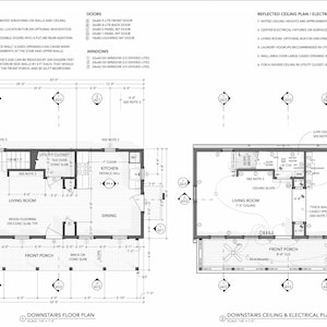 May include: A black and white architectural floor plan for a house with a living room, kitchen, dining room, utility closet, and front porch. The plan includes notes for doors, windows, and electrical fixtures.