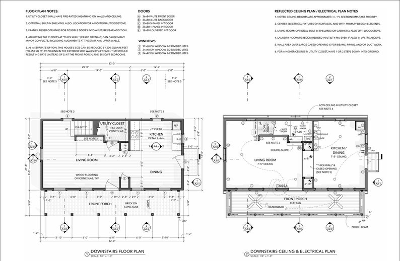 May include: A black and white architectural floor plan for a house with a living room, kitchen, dining room, utility closet, and front porch. The plan includes notes for doors, windows, and electrical fixtures.