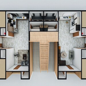 Puede incluir: Plano de planta de un edificio de apartamentos de dos pisos con una escalera en el centro. El apartamento tiene una sala de estar, cocina, ba&ntilde;o y dormitorios.