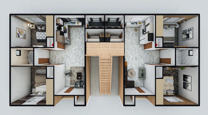 Puede incluir: Plano de planta de un edificio de apartamentos de dos pisos con una escalera en el centro. El apartamento tiene una sala de estar, cocina, ba&ntilde;o y dormitorios.