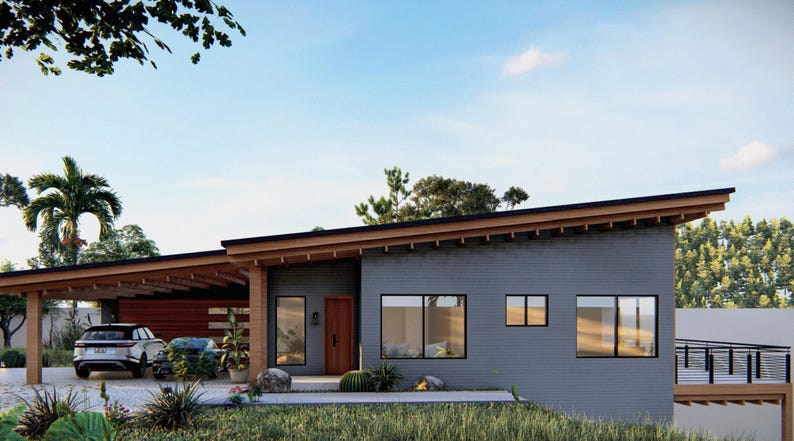Puede incluir: Una casa moderna de una sola planta con un exterior gris y un voladizo de techo de madera. La casa tiene grandes ventanas y un carport.