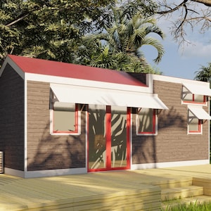 May include: A small, wooden cabin with a red roof and white awnings. The cabin has a wooden deck and is surrounded by trees.