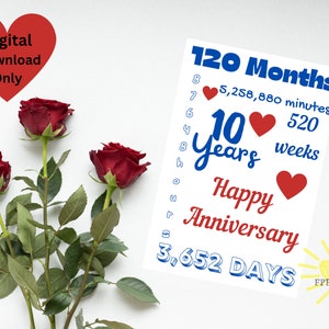 Tarjeta de aniversario imprimible, Descarga digital, Tarjeta de aniversario de 10 años, Tarjeta de aniversario del décimo año, meses, días, horas