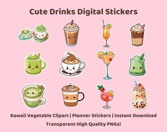 Cute Drink Digital Stickers | Kawaii Beverage Clipart | Planner Stickers | Instant Download