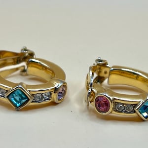 Vtg Swarovski SWAN Signed Sparkling Multi Color Crystals Semi Clip On Earrings Valentines Gift