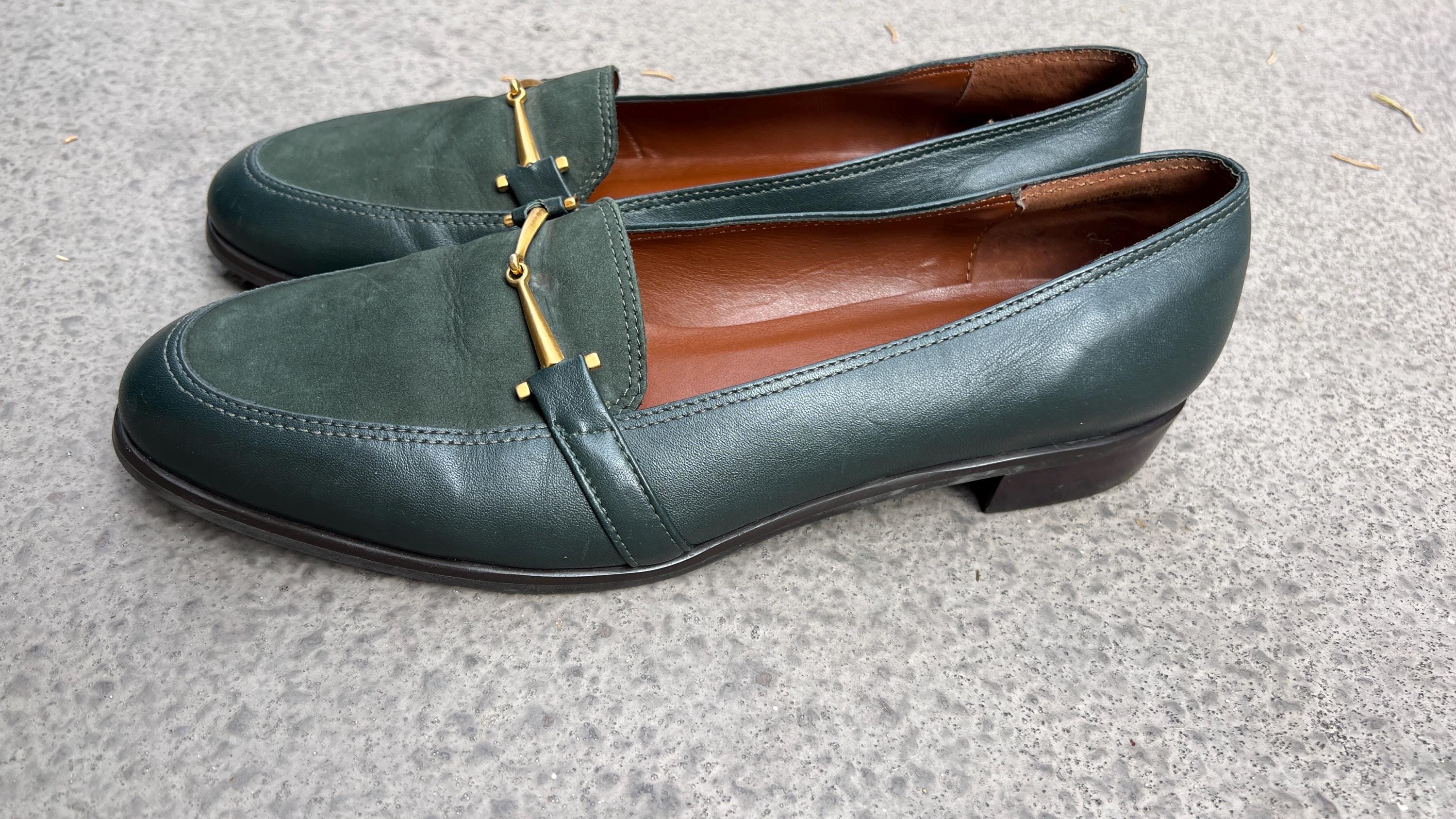 Etienne Aigner Enya Deep Green Suede Loafers With Brass 
