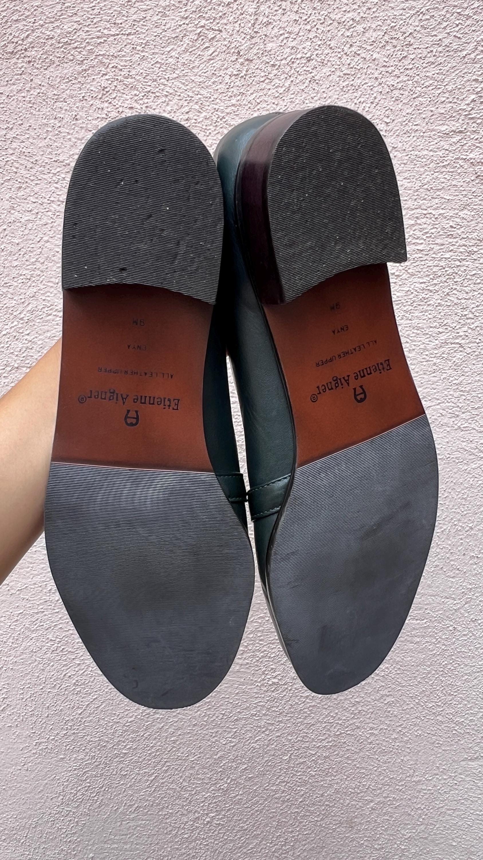 Etienne Aigner Enya Deep Green Suede Loafers With Brass Horse Hardware Size 9M Boardwalk Hunter Green/Cream Suede Horse-Bit Loafers main image 3