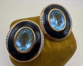 Vintage Panetta Statement Earrings Black Enamel Blue Crystal Oval Clip Ons Designer Bold Runway Jewelry Gift for Her