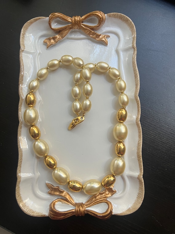 Vintage Signed Napier faux oval pearl beads, gold… - image 1