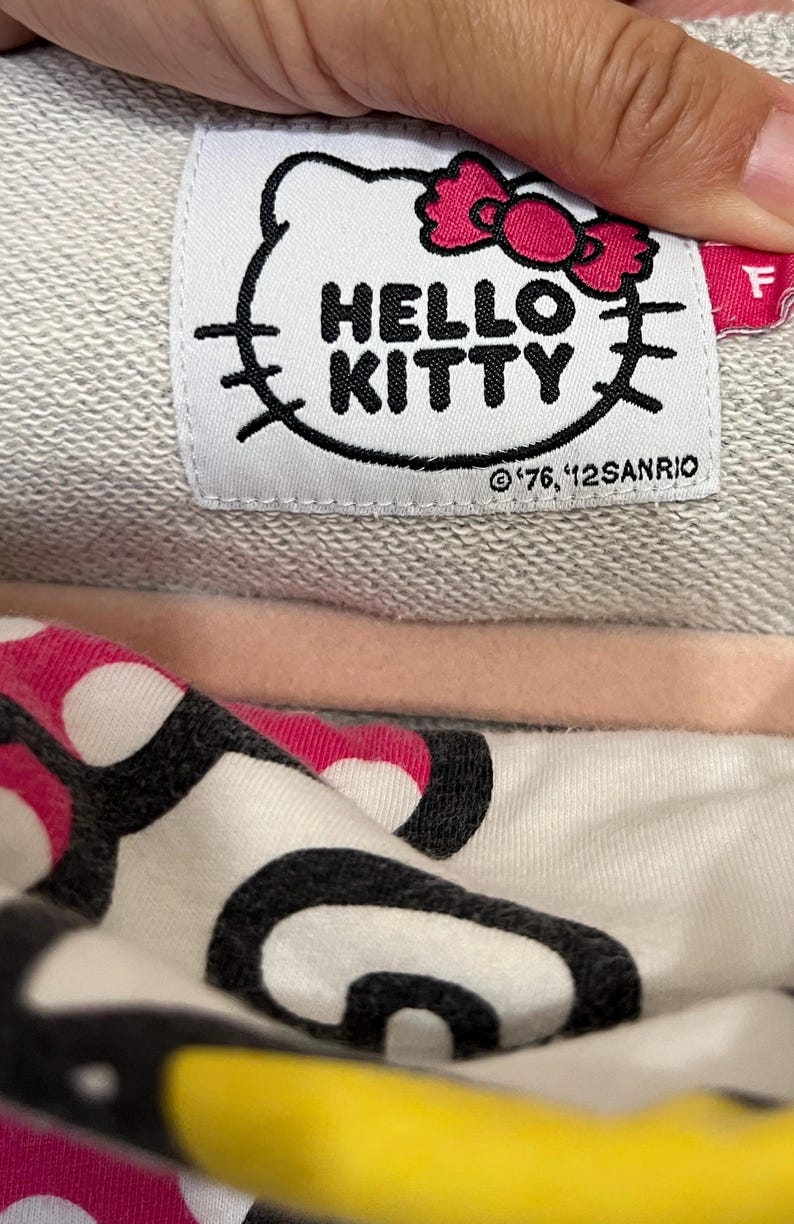 May include: Close-up of a gray sweatshirt label featuring the Hello Kitty logo in black and a pink bow. The text "HELLO KITTY" is prominently displayed. The label also includes the copyright information.