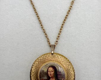 Vintage Swiss Necklace Watch Mona Lisa Pendant Reversible Locket Style Gold Tone Statement Jewelry Wind Up Working