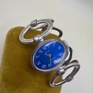 Vintage Zimak 17 Jewels Wind Up Bracelet Watch Blue Dial Silver Tone Mod Chunky Link Bracelet Watch