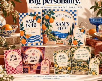 Custom Retro Party Stationery Set: Invitation, Welcome Sign and Favour Tag, Digital Files