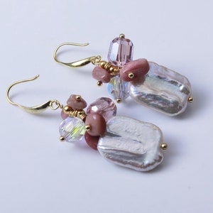 Handcrafted Baroque Pearl Earrings: 18K Gold-Plated Copper with Natural Stones