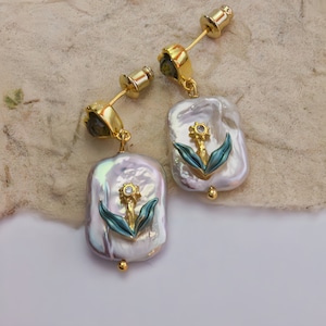 Baroque Pearl Earrings: 18K Gold-Plated Floral Zircon Design