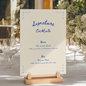 Modèle d'enseigne de boissons dessinées à la main, cocktails colorés, enseigne de mariage fantaisiste, enseigne de menu de bar, modèle canva, WT23