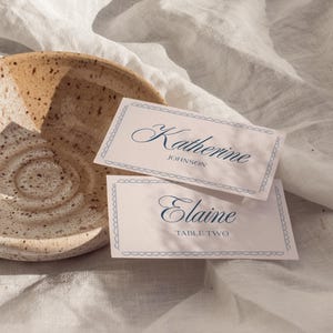 Tarjetas de lugar para bodas vintage, elegantes tarjetas de nombre para recepción, borde dibujado a mano, plegadas, planas, plantilla Canva, WT24