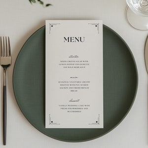 Szablon menu weselnego, Elegancka karta menu, 4x9, 4x8, Szablon Canva, Szablon menu z trzema daniami, Proste menu weselne do wydrukowania, WT12