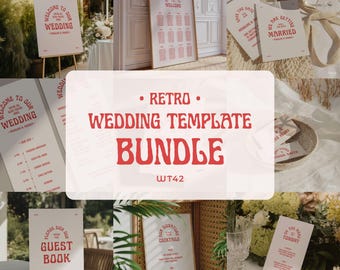 Retro Wedding Signs Bundle, Colorful Wedding Signage and Stationery (Canva Templates) (WT42)