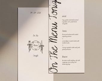 Handgeschriebene Hochzeitsmenü-Vorlage, skurrile Menükarten zur Probe, bearbeitbare Canva-Vorlagen