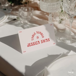 Plantilla de tarjetas de lugar para bodas retro, tarjetas de nombre para recepción, plantilla de Canva, WT42