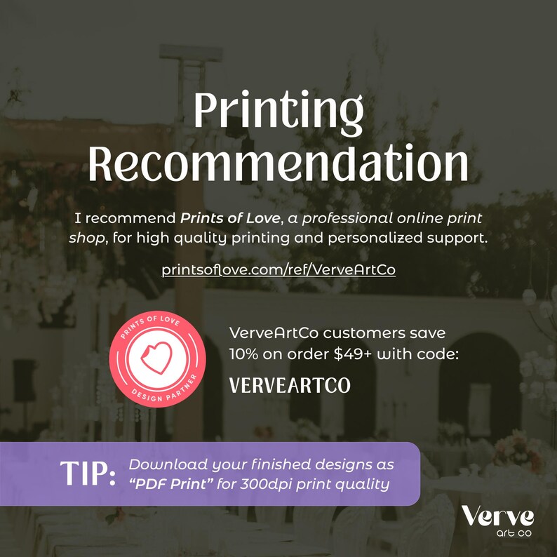 May include: Image with text recommending Prints of Love for high-quality printing. The text includes a website address and a discount code for VerveArtCo customers. A pink and white circular logo is also visible.