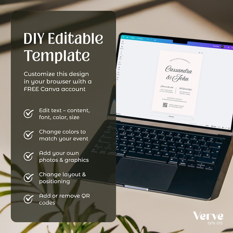 May include: A laptop displays a wedding invitation template with the names "Cassandra & John." The screen shows options to edit text, change colors, add photos, and adjust layout. Text on the left side reads "DIY Editable Template."