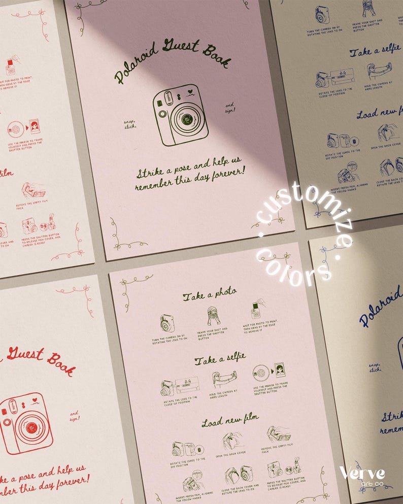 May include: A collection of pink and white Polaroid guest book pages with instructions and illustrations. The text "Polaroid Guest Book" and "Customize Colors" are visible. The phrase "Strike a pose and help us remember this day forever!" is also present.