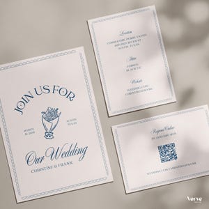 Vintage Hochzeitseinladungs-Vorlagen mit Detailkarte und Antwortkarte mit QR-Code im französischen Chateau-Stil, Canva-Vorlagen, WT24