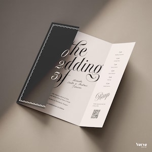 May include: A tri-fold wedding invitation with a dark grey cover and white interior. The cover has a scalloped border. The interior displays the words "the wedding of" in elegant script, along with the names Miranda Smith & Andrew Johnson, and an RSVP section.