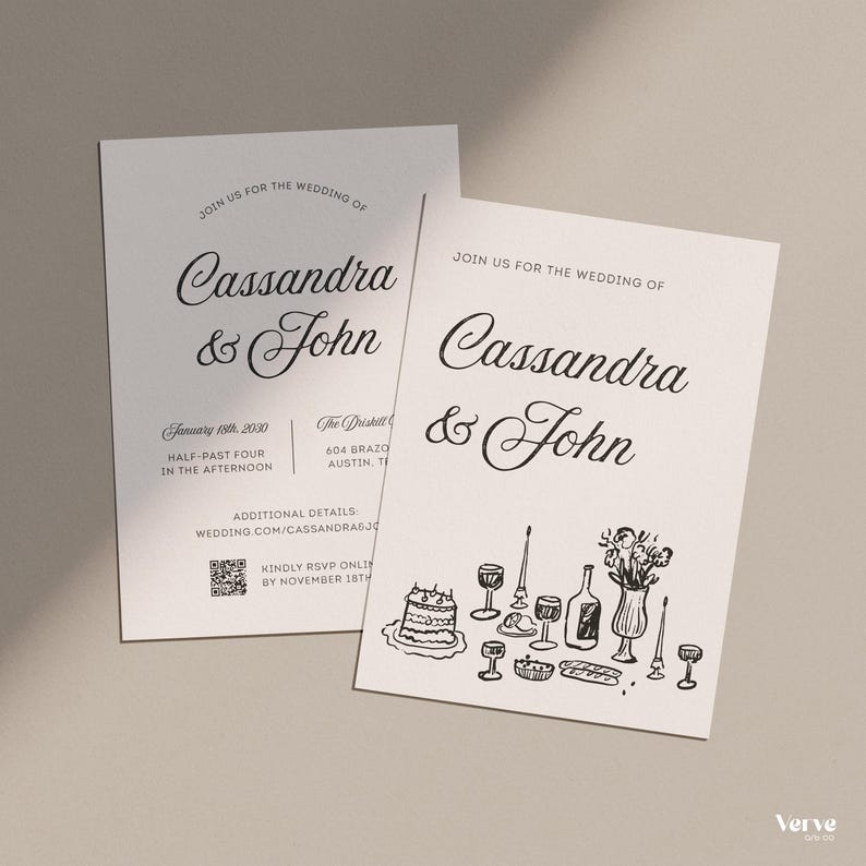 May include: Two wedding invitations with elegant calligraphy. The invitations read "Join us for the wedding of Cassandra & John." One card includes event details, the other features illustrations of cake, wine glasses, and flowers. The background is a neutral tone.