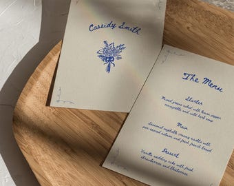 Handgezeichnetes Hochzeitsmenü mit Tischkarte: Skurril, handgeschrieben (Canva Template) (WT23)