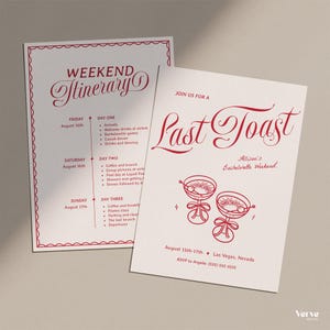 Könnte beinhalten: Zwei weiße Karten mit rotem Text. Auf der einen steht "Weekend Itinerary" und listet tägliche Aktivitäten auf. Auf der anderen steht "Last Toast" mit "Allison's Bachelorette Weekend" und Veranstaltungsdetails. Enthält Champagnerglas-Illustrationen.