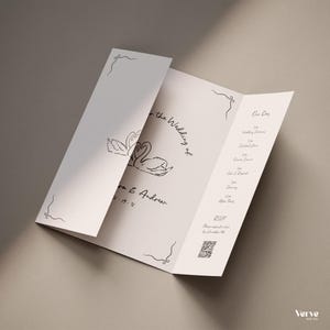 Modèle d'invitation gatefold dessiné à la main, carte d'invitation de mariage cygnes, code QR d'invitation de mariage fantaisiste, modèle modifiable sur toile, WT11
