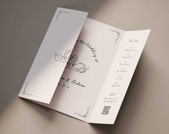 手描きの白鳥柄観音開き結婚式招待状（Canvaテンプレート）（WT11）