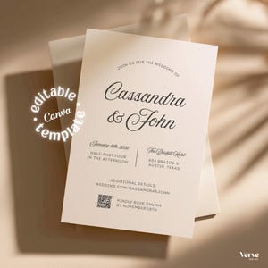 May include: Cream-colored wedding invitation with elegant script text. The invitation includes the names "Cassandra & John", date, time, and location details. The design features a minimalist aesthetic with a modern font and a QR code for RSVP.