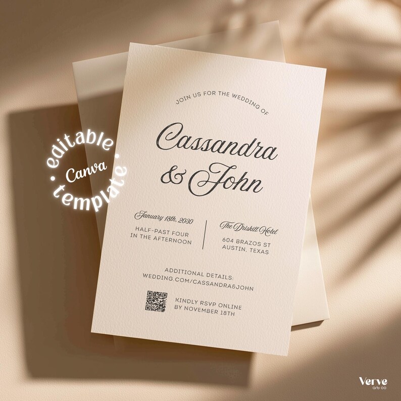 May include: Cream-colored wedding invitation with elegant script text. The invitation includes the names "Cassandra & John", date, time, and location details. The design features a minimalist aesthetic with a modern font and a QR code for RSVP.