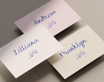 Modelo de marcador de lugar para casamento com laço, cartões de nome desenhados à mão, modelo Canva (WT22)