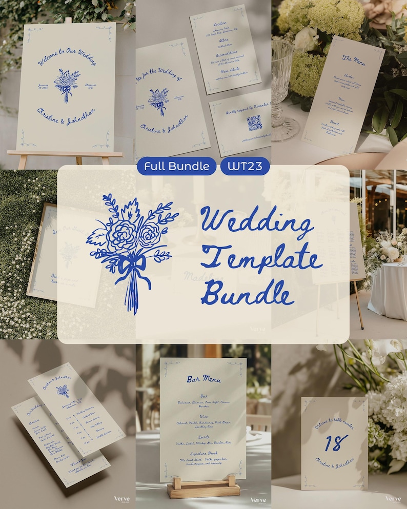 Whimsical Wedding Signs Bundle, Hand Drawn Signage and Stationery Template Bundle, Canva Templates