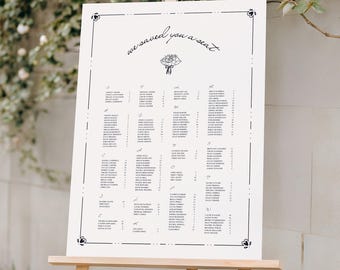 Alphabetical Wedding Seating Chart Template: Elegant, Hand Drawn Sign (Canva Template) (WT05)