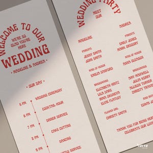 Retro Wedding Program Template, Colorful Wedding Program, Unique Wedding Day Timeline, Order of Service, Canva Template 4x9, 4x8, WT42